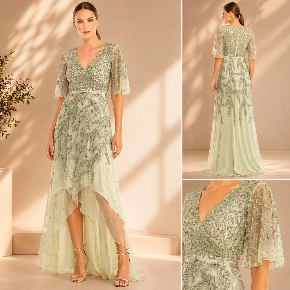 Mac Duggal Metallic Green High Low Gown Maxi Dress size 16 93681